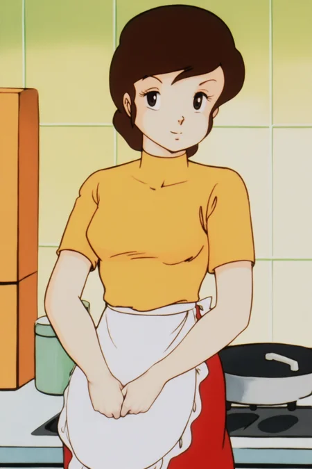 <lora:Ataru_Mom_V1:1> AtaruMom, brown hair, short hair, hair bun, retro artstyle, 1980s (style), 
seductive smile, cowboy shot, (1girl:2, solo:2),lazypos, hyper-detailed, (8k uhd::1.4), intense atmosphere, detailed clothing, dramatic lighting, <lora:detailed hand focus style illustriousXL v1:1> detailed, detailed face, (perfect hands), 
 waist apron, short sleeves, yellow turtleneck, red skirt, red footwear, shoes, kitchen