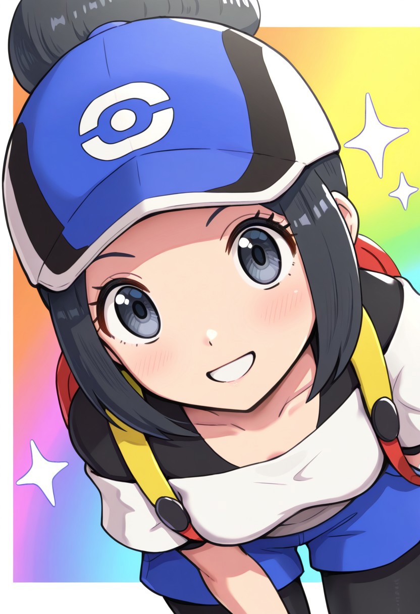 hinosaki, [[pokemoa, gonzarez]]2d, masterpiece, best quality, amazing quality, 1girl, solo, close-up, standing, smile, upper body, leaning_forward, looking at viewer, multicolored background, sparkle, rainbow background, colorful background, pkbettie, black hair, grey eyes, short hair, sidelocks, bangs, single hair bun, baseball cap, blue headwear, white shirt, collarbone, black undershirt, short sleeves, off-shoulder shirt, high-waist shorts, blue shorts, black leggings, leggings under shorts, masterpiece, best quality, amazing quality, highres, absurdres, newest, red backpack