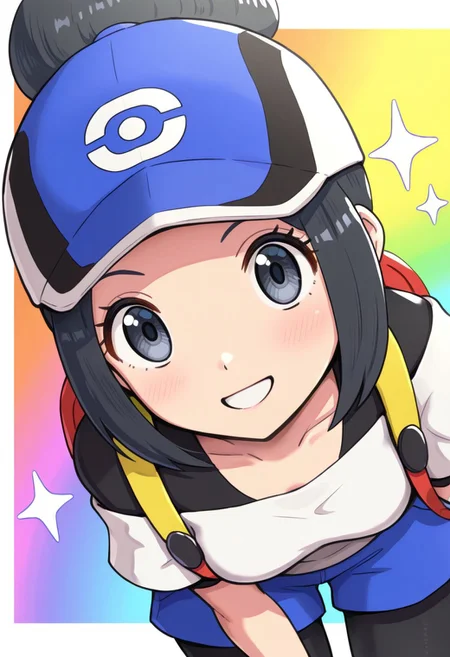 hinosaki, [[pokemoa, gonzarez]]2d, masterpiece, best quality, amazing quality, 1girl, solo, close-up, standing, smile, upper body, leaning_forward, looking at viewer, multicolored background, sparkle, rainbow background, colorful background, pkbettie, black hair, grey eyes, short hair, sidelocks, bangs, single hair bun, baseball cap, blue headwear, white shirt, collarbone, black undershirt, short sleeves, off-shoulder shirt, high-waist shorts, blue shorts, black leggings, leggings under shorts, masterpiece, best quality, amazing quality, highres, absurdres, newest, red backpack