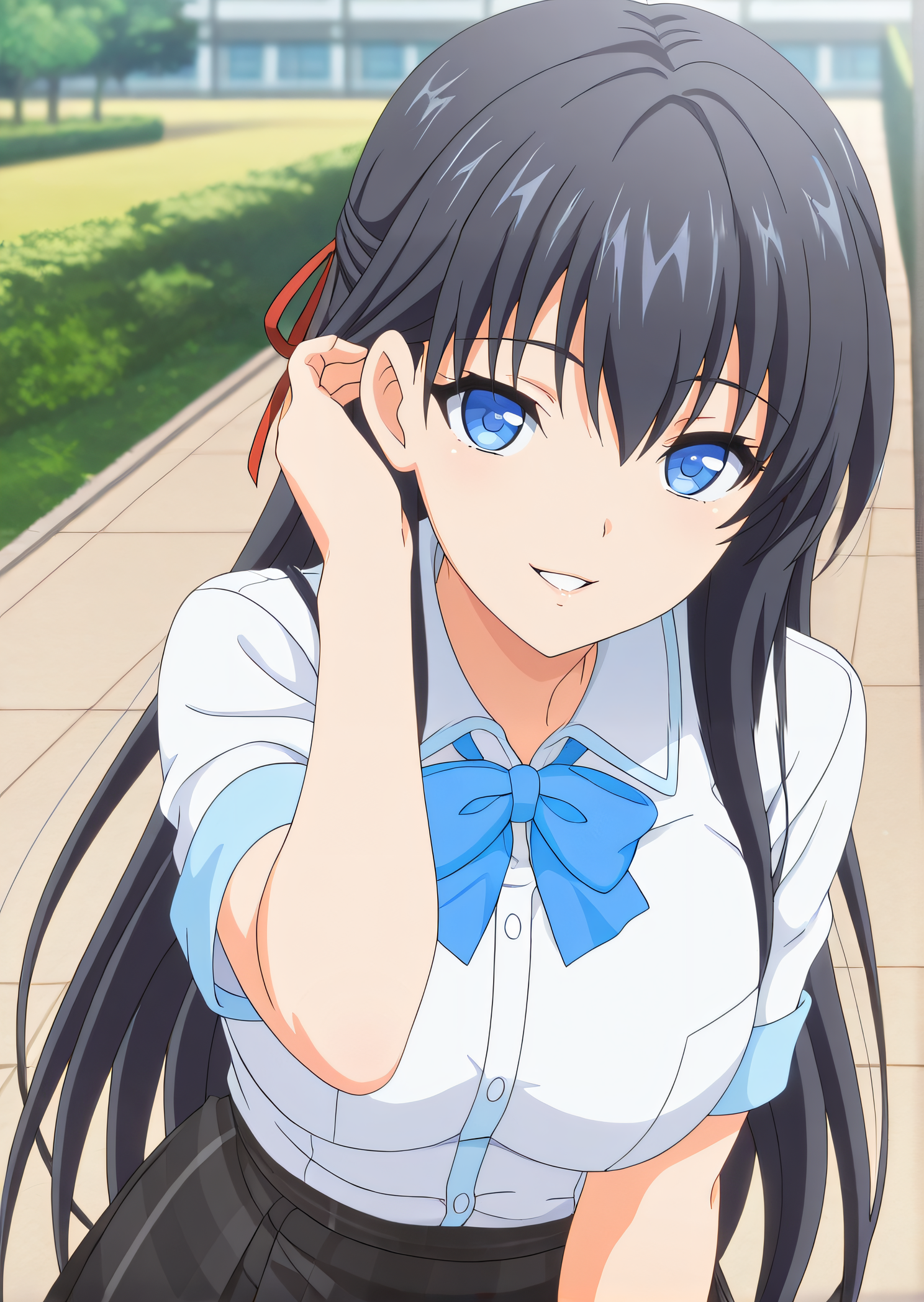 masterpiece, best quality, highres, newest, 1girl, solo, official style, anime screencap, <lora:Hiragi_Aiki:1>, aiki, black hair, blue eyes, red ribbon, school uniform, blue bowtie, white shirt, black plaid skirt, looking at viewer, smile, outdoor, upper body, hand on hair, parted lips