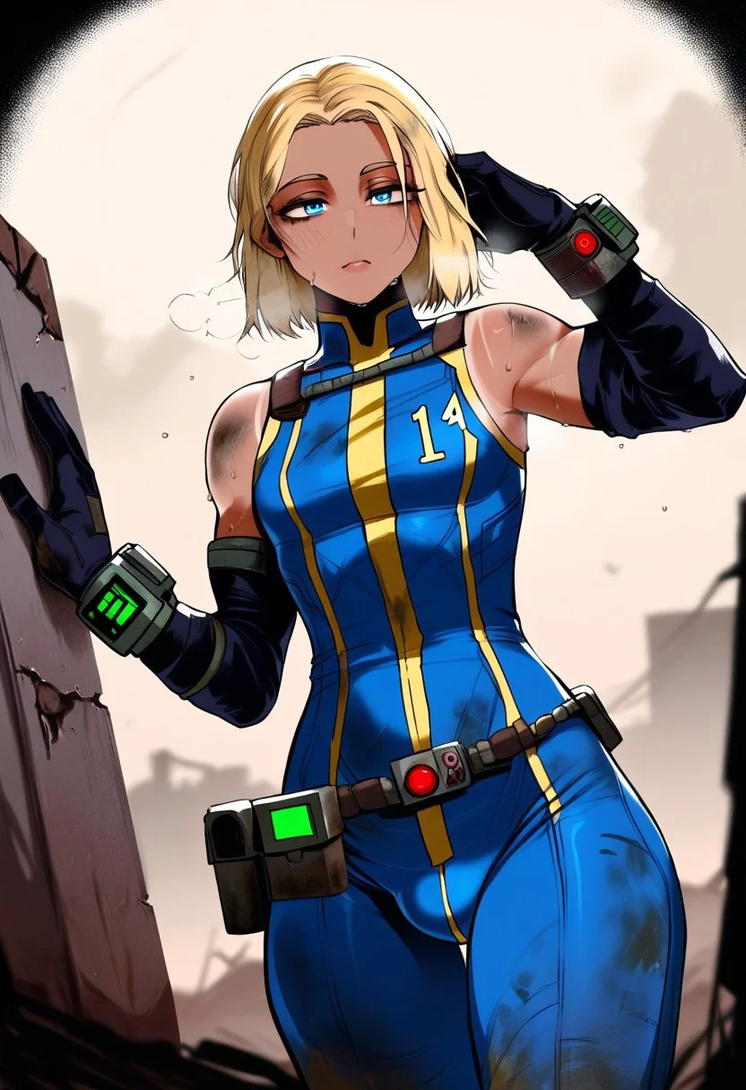 score_9, score_8_up, score_8. score_9, score_8_up, score_7_up, score_6_up, masterpiece, 4k, high quality, (best quality:1.1), ExpressiveH, close up, dutch angle.
1boy, solo, Blonde hair, tan skin, femboy, athletic, swept-back hair, blue eyes. Vault-Tec jumpsuit, Blue bodysuit, tight suit, sleeveless, leather tool belt, long leather gloves, white tanktop, sweaty, heavy breathing, exhaused, dirty clothing, sweaty. Pipboy, wearing a pipboy
Fallout, Fallout style, Fallout Femboy, Vaultboy, Vault bodysuit, vault jumpsuit. Weathered, dirty, Post apocalyptic. 14 in the vault jumpsuit. Arm wrist Pipboy
hands, perfect, easynegative, detailed,
perfect, perfection, perfect, detailed, perfecteyes. Woman. ng_deepnegative_v1_75t, easynegative, aid291, Expressiveh, lhata4564, shexyo. easynegative, ng_deepnegative_v1_75t, aid291, Expressiveh, shexyo, masoq.
