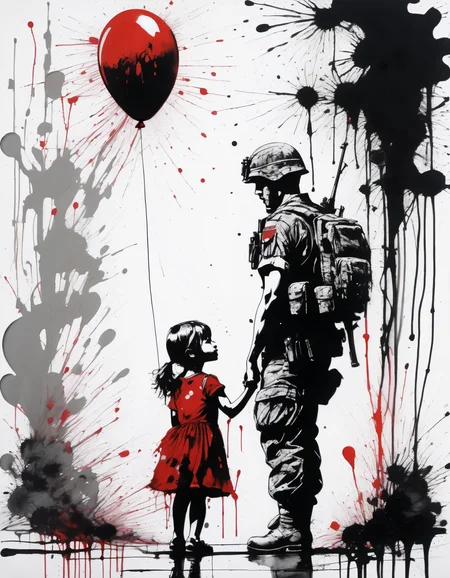 a black and white painting of a little girl red dress, side view, giving a red balloon to an adult army soldier holding a rifle,  with red paint splatters, , with a black and white background, Carne Griffiths, incredible art, graffiti art, modern european ink painting