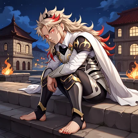 masterpiece, best quality, sharp aliasing, highly detailed, 1male, male body, male,EPfeCorrin, white cape with flames, armour, black gloves, black pants, wearing pants, outdoors, stone tiled ground, buildings, night, barefoot, toeless legwear, armoured legwear, shin armour, leg armour, leg and shin amour, stirrup legwear, black stirrups, 5 toes, Quality, High Definition, Full body view, solo, rengoku kyojuro, forked eyebrowns, long hair, two-tone hair, multicolored hair, red eyes, sword, red toenails, dirty feet, glowing eyes, side view, sitting on ledge