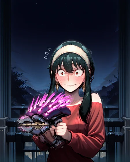 masterpiece, best quality, amazing quality, very aesthetic, absurdres, newest, needler_\(weapon\), yor_briar_\(spy x family\), 1girl, holding, solo, outdoors, night, red sweater, nervous,<lora:needler_v2.safetensors:1.0:1.0>