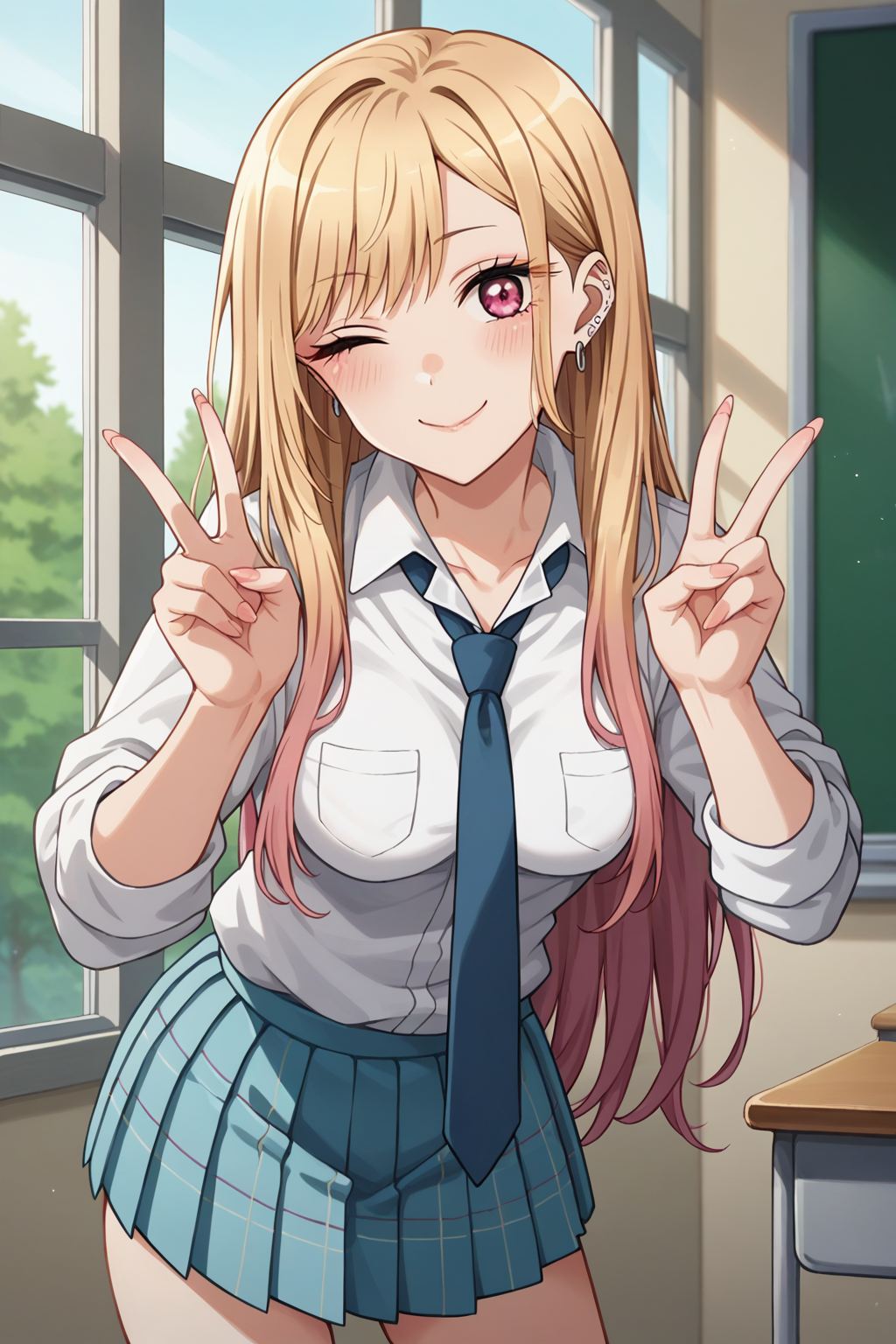 score_9, score_8_up, score_7_up, 1girl, prefect lighting, very aesthetic, intricate details, highly detailed background, masterpiece, high quality, prefect hands, best quality, solo, 
<lora:Marin_Dress_up_Darling_V2:.85>, KJOmarin, blonde hair, long hair, pink eyes, earrings, ear piercing, multicolored hair, 
collared shirt, sleeves rolled up, loose necktie, blue pleated skirt,
leaning forward, smile, closed mouth, double peace sign, head tilt, blush, one eye closed, from side, 
school, window, sunny, tree, classroom, 
(Beautiful, medium Breasts:1.2), natural breasts,