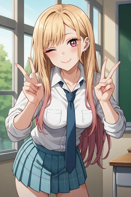 score_9, score_8_up, score_7_up, 1girl, prefect lighting, very aesthetic, intricate details, highly detailed background, masterpiece, high quality, prefect hands, best quality, solo,
<lora:Marin_Dress_up_Darling_V2:.85>, KJOmarin, blonde hair, long hair, pink eyes, earrings, ear piercing, multicolored hair,
collared shirt, sleeves rolled up, loose necktie, blue pleated skirt,
leaning forward, smile, closed mouth, double peace sign, head tilt, blush, one eye closed, from side,
school, window, sunny, tree, classroom,
(Beautiful, medium Breasts:1.2), natural breasts,