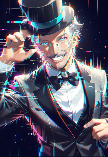 <lora:Glitch Style:0.8>,. rating_safe,sfw,
Masterpiece, Top Quality, Absurd,
One man, Mature man, Solo, Elderly gentleman, Thin, White shirt, Bow tie, Tuxedo, Moustache, Top hat (1.4), Short neat hair, Monocle, Nihilistic laughter, Nod, Laughing with corners of mouth turned up, Smirking, Dark theme, Professional photo, High contrast exposure, Soft bokeh, High key light, Hard shadow, Soft bokeh, Black background, Glowing eyes, Highlighted eyes, Greeting the viewer, Glitch, Flickering, Digital, Glitch style,