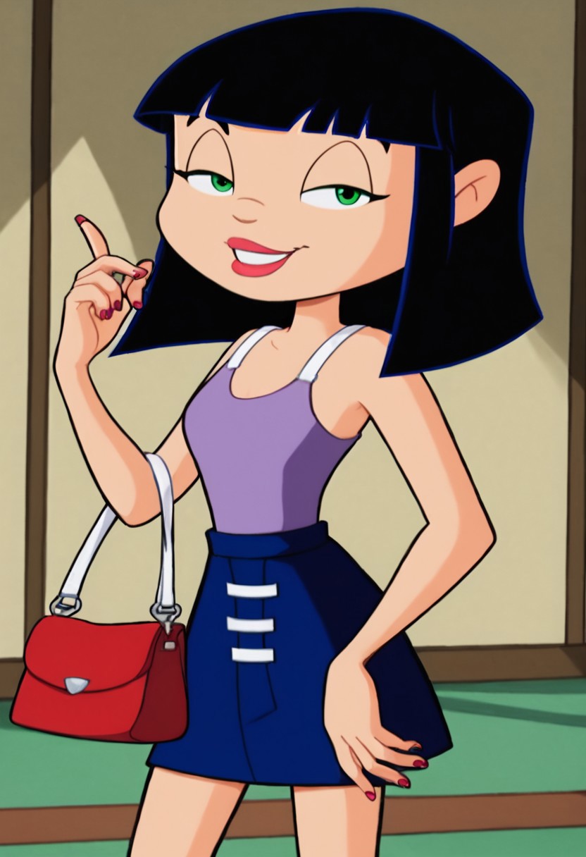 1girl, solo, score_6, score_7, score_8, score_9, toon \(style\), lora:Gemini_Stone:1>, Sabrina The Animated Series 1999, 90s cartoon, (toon_(style), masterpiece, best quality, ultra high quality, highly detailed, very realistic, extremely detailed), ultra high resolution, BREAK, 
snob, sassy, high class, middle schooler, pre teen,
 BREAK,
 lips, eyeliner, medium hair, blunt bangs, black hair, hair has blue reflects, green eyes, bedroom eyes, jewelry, colored nails, jewelry, lavender tank top, navy blue mini skirt with split in front, short skirt, navy blue skirt, (((3 rectangular strap buckles vertically on top of each other in front of her skirt))), (((white rectangular straps on the front of her skirt))),  BREAK, 
, She is looking at the viewer, smiling, holding a purse