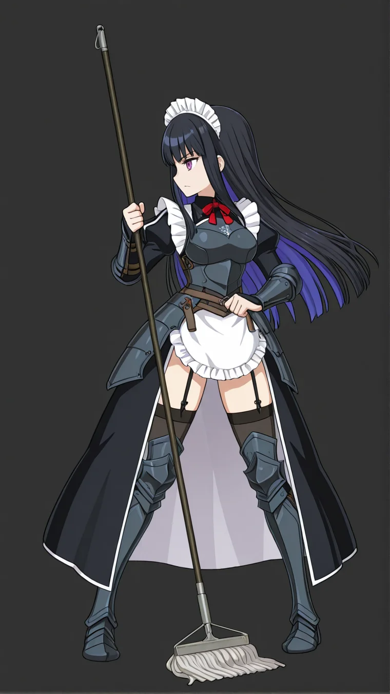 1girl,maid,maid headdress,maid apron,((armor)),long hair,black hair,colored inner hair,medium breasts,thighs,long sleeves,garter belt,armored dress,fighting stance,mop,holding mop,((weapon)),(((holding weapon))),
fgo sprite, full body, <lora:FGO_Sprite:0.9>