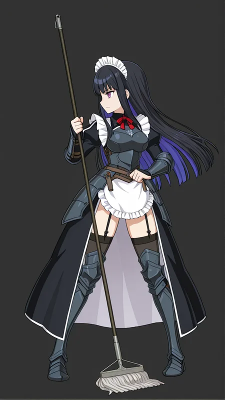 1girl,maid,maid headdress,maid apron,((armor)),long hair,black hair,colored inner hair,medium breasts,thighs,long sleeves,garter belt,armored dress,fighting stance,mop,holding mop,((weapon)),(((holding weapon))),
fgo sprite, full body, <lora:FGO_Sprite:0.9>