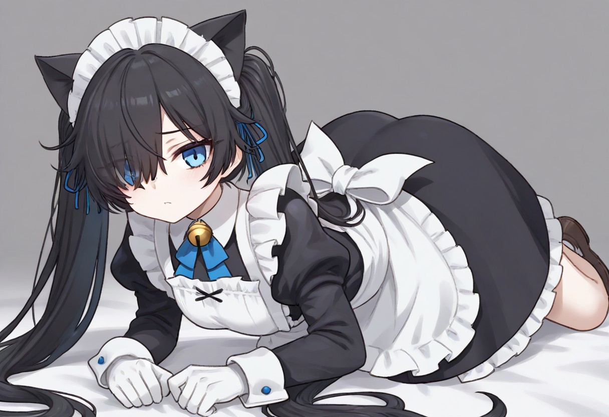 (Maid-kasli), solo, white gloves, dress, hair over one eye, maid apron, blue eyes, twintails, cat ears, maid headdress, maid, gloves, 1girl, apron, juliet sleeves, long sleeves, long hair, black hair, animal ears, bell,(Fall down),