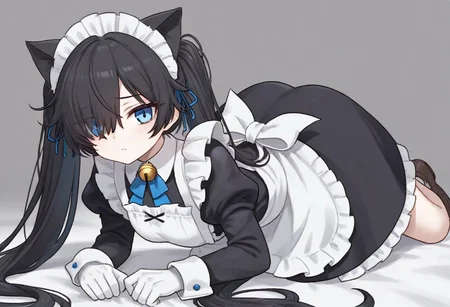 (Maid-kasli), solo, white gloves, dress, hair over one eye, maid apron, blue eyes, twintails, cat ears, maid headdress, maid, gloves, 1girl, apron, juliet sleeves, long sleeves, long hair, black hair, animal ears, bell,(Fall down),