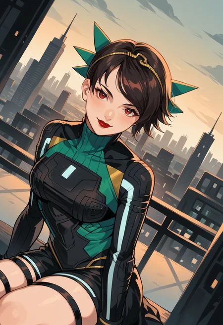 score_9, score_8_up, score_7_up, source_anime BREAK 1girl, solo,
<lora:zs_PanagiaYokoXL:1> panagiayokosmtvv, short hair, black hair, swept bangs, headband, red eyes, red lipstick, turtleneck, bodysuit, skirt, green gloves, thigh strap,
standing, city, smile, horizon, post-apocalyptic city, sitting, from side, dutch angle, looking at viewer
