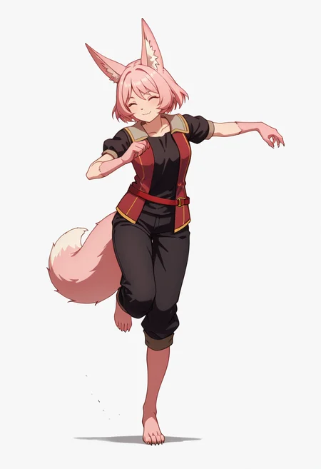 Smooth Quality,masterpiece,very intricate, high quality details, ultra realistic, high detailed skin,detailed enviorement,absurdres,
simple background, white background, dancing, solo,front view,
<lora:Til_CNR:0.8> til_cnr, 1girl,pink hair, short hair, bangs, red eyes, animal ears, fox ears, animal ear fluff, fox tail, furry female, animal hands, claws, black shirt,open jacket,puffy short sleeves,black pants, belt,barefoot,, lonely,, ^q^,
