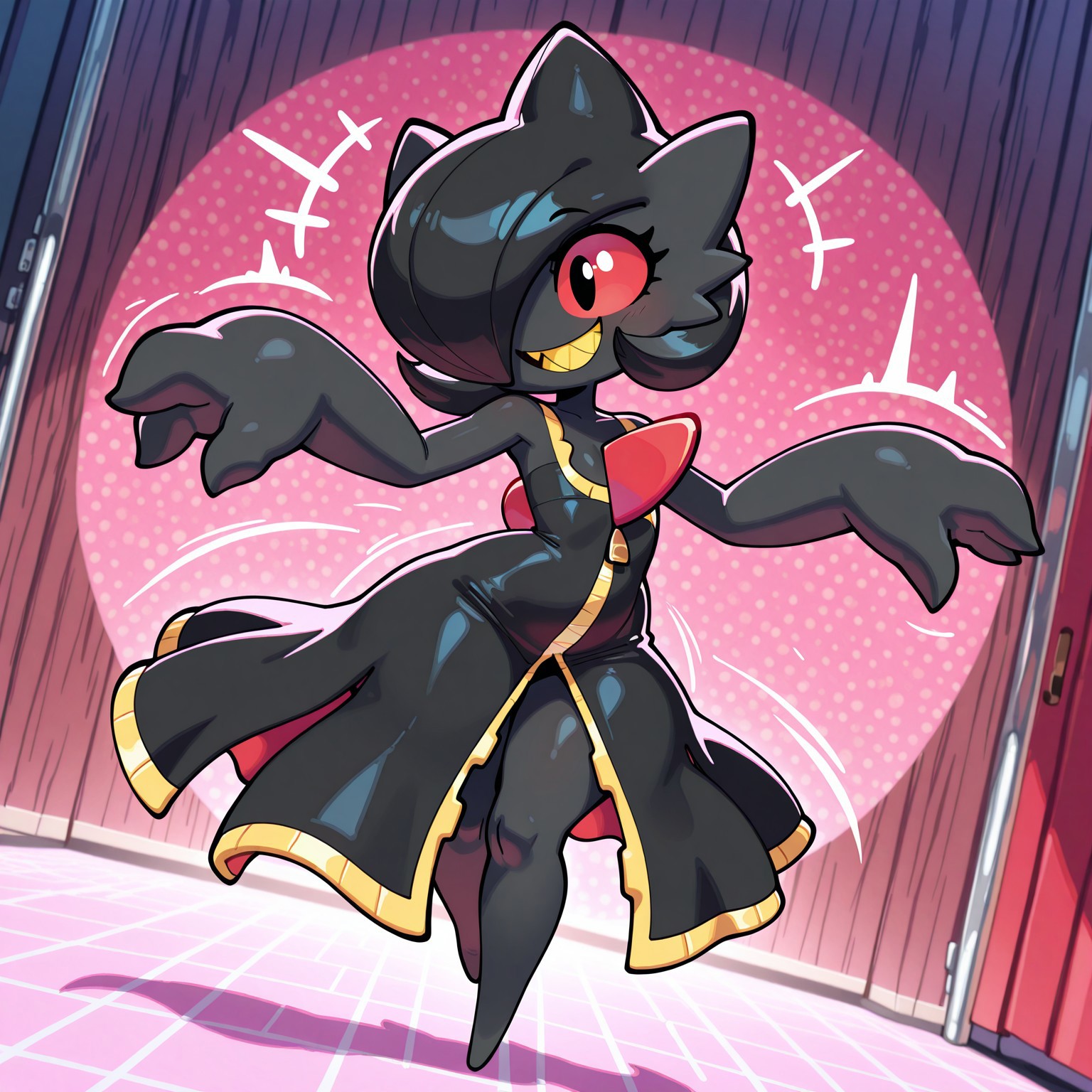 masterpiece, best quality, amazing quality, very aesthetic, absurdres, newest, mysterydad, Angstrom, aijalon, dynamic angle,
BREAK,
fusion of Gardevoir and Banette, Gardevoir \(pokemon\), Banette \(pokemon\), pokemon \(creature\), 1girl, solo, full body, black skin, black hair, black eyes, red sclera, smile, sharp yellow teeth, yellow zippers, cute expression, no nose, red chest crest, black stitched dress, flat chest, cute pose, dynamic pose