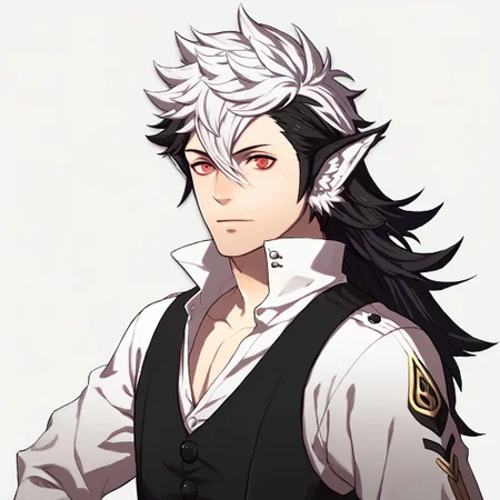 score_9, score_8_up, score_7_up, (best-quality: 1.5), 1man, male focus, male, keaton, wolf ears, wolf tail, red eyes, black and white hair, long hair, white shirt, black vest, black gloves, detailed eyes, white background, simple background, unique pose, dynamic angle, fe3hportraits, upper body, white background
