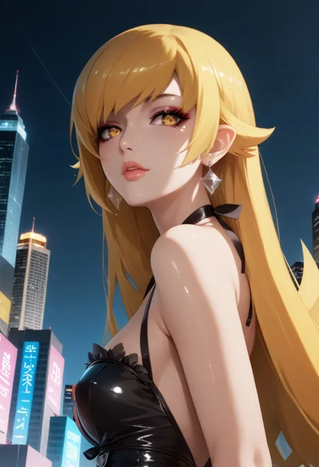 score_9, score_8_up, score_7_up, sexy Shinobu Oshino, small height, kawaii, black tights, garters, accessories, dark makeup, beautiful eyes, puffy lips, dark eyeliner, earrings, pokies, oiled skin, blushing, city background, soft bokeh, bright colors, high contrast, vivid lighting, unique angle, detailed and dynamic, 8k, hyper details