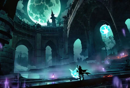 houtline, digital_art, (Best quality), standing, building, weapon, hat, pillar, from_behind, a wizard fighting a legendary chess boss, glowing, cape, fog, silhouette, full_body, outdoors, sword, indoors, holding, long_hair, night, 1boy, fight_group, sky, (scenery), holding_weapon, stairs, (monster), battle, dress, facing_away, cloak, hood, long_sleeves, arch, witch_hat, male_focus, lamppost, blonde_hair, ruins, gloves, sitting, science_fiction, dark, light, reflection, full_moon, floating, witch, bridge, hitodama, holding_sword, legendary_monster, coat, night_sky, (dutch_angle:1.2), (size_difference:1.4), street_view, street, glowing_eyes, light_rays, rain, motion_blur, motion_lines, from_side, chess_(theme), tower_(theme), chess, queen_chess_piece, Piece_monster, , boots, short_hair, railing, sign, ghost, crystal, wide_sleeves, pants, lights, skyscraper, red_eyes, walking, cloud, blue_hair, hooded_cloak, multiple_girls, epic, staff, (statue), riding, creature, legs_apart, full_armor, castle, planted_weapon, purple_lights, smoke, purple smoke, Aqua_(theme)