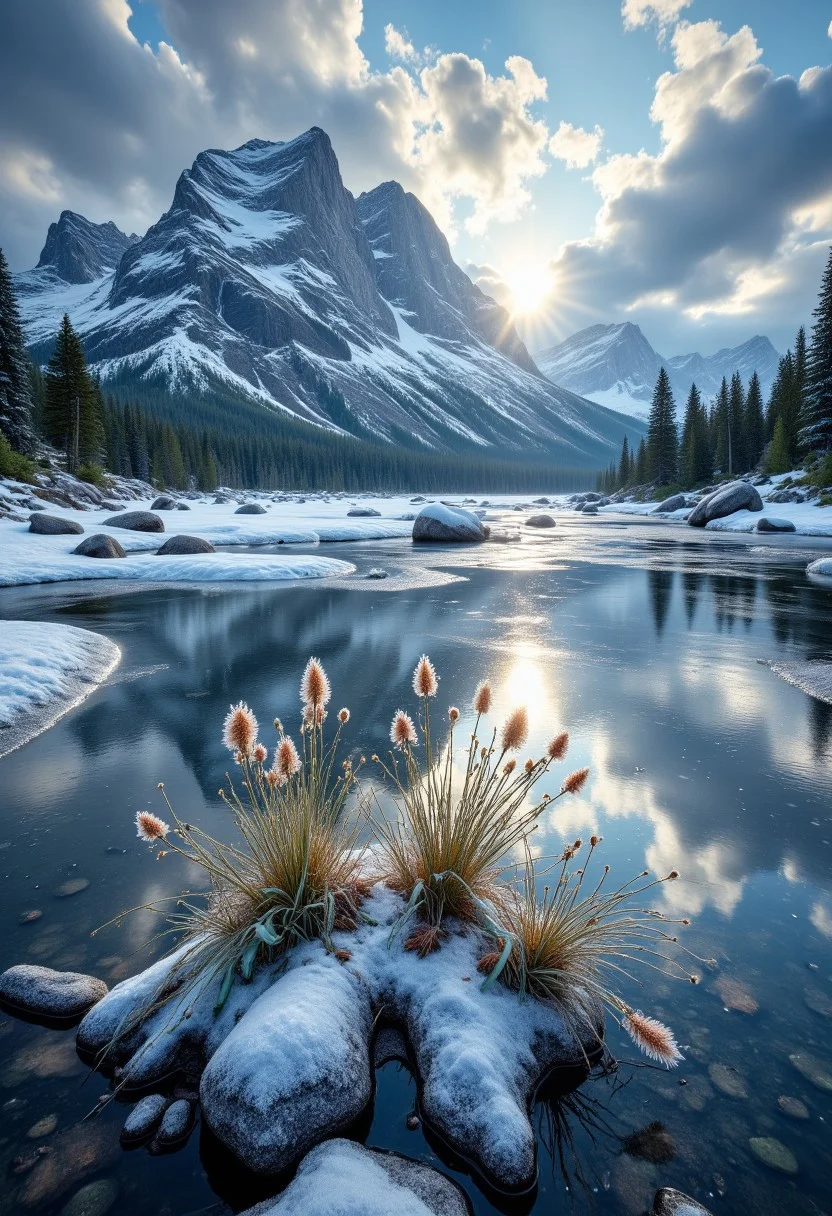 The image is a landscape photograph of a frozen mountain range with a frozen river flowing through it. The frozen river is surrounded by a frozen flowers. A small layer of ice covers the flora. The ice of the frozen river forms a reflective surface that reflects the mountains and trees. The mountains in the background are tall and imposing, with a mountain peak in the distance. The sky is cloudy, and the sun is shining brightly through an opening in the clouds, creating a beautiful reflection of the mountains on the frozen lake. The overall mood of the image is peaceful and serene. mad-sprklngtr, flrlizer.