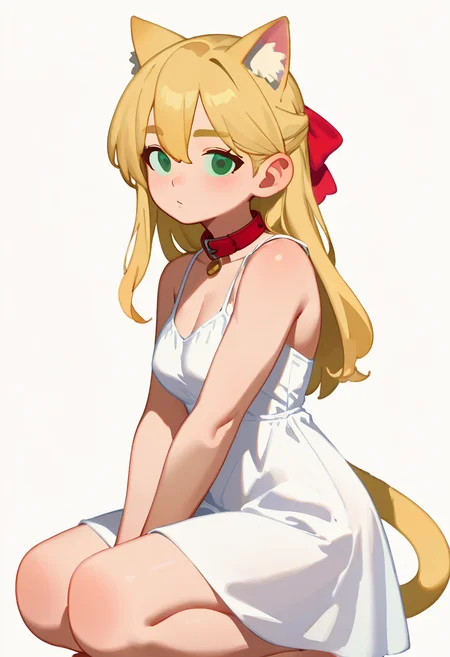 score_9, score_8_up, 1girl, rating_explicit, source_anime, solo, blonde hair, (long hair), straight hair,, green eyes, bow, hair bow, red ribbon , looking at viewer, pale skin, hair between eyes, bangs, 
(side view, Slouching, Regretful , peek), bottomless, red collar, short eyebrows
medium breasts, blonde cat ears, sundress, fluffy, <lora:Gooart:1>