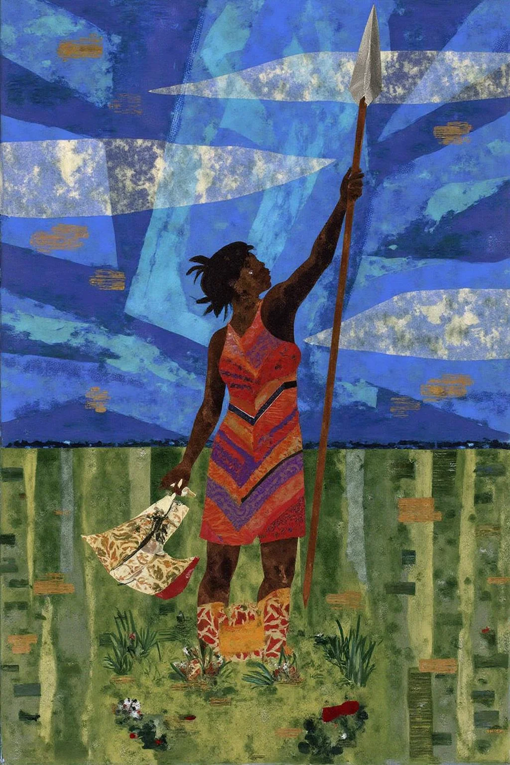 mixed media collage.
A Valkyrie lifting her spear towards the sky <lora:ekho_collage_nocap_d6a3e12:1.0><lora:824702741239809787:0>