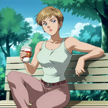 score_9, score_8_up, score_7_up, score_6_up, score_5_up, score_4_up, BREAK, <lora:Topazsonicx:0.8>, topazsonicx, 1girl, solo, looking at viewer, jewelry, sitting, earrings, outdoors, pants, tree, cup, crossed legs, tank top, retro artstyle, bench, anime coloring, brown hair, short hair, blue eyes, lipstick, <lora:shexyo style xl:1>