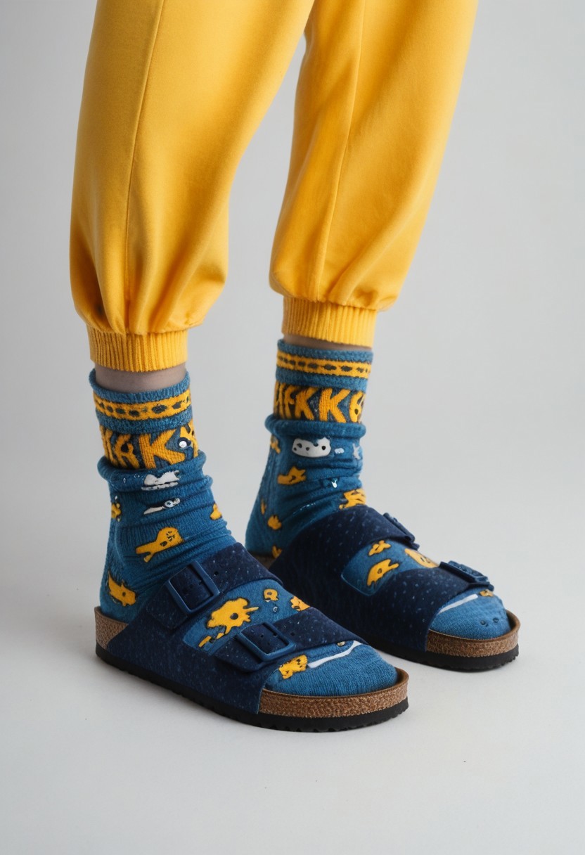 (photograph of woman's feet wearing socks and sandals and leggings), 1girl, solo, dynamic_pose, simple_background, white_background, scksnsndls, patterned blue socks, lower_body, footwear_focus, yellow leggings, birksonsocks, birkenstock