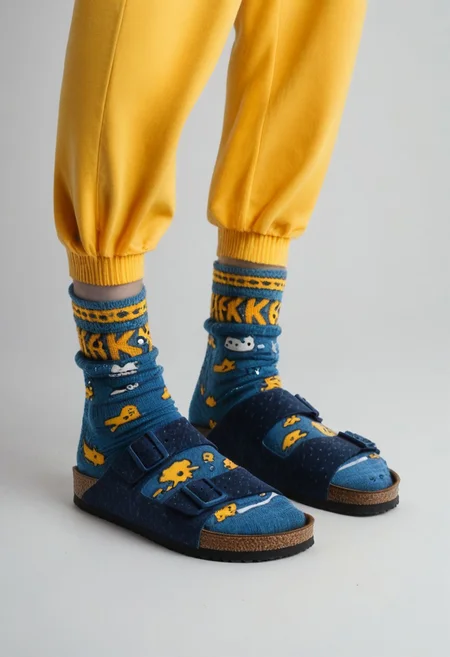 (photograph of woman's feet wearing socks and sandals and leggings), 1girl, solo, dynamic_pose, simple_background, white_background, scksnsndls, patterned blue socks, lower_body, footwear_focus, yellow leggings, birksonsocks, birkenstock