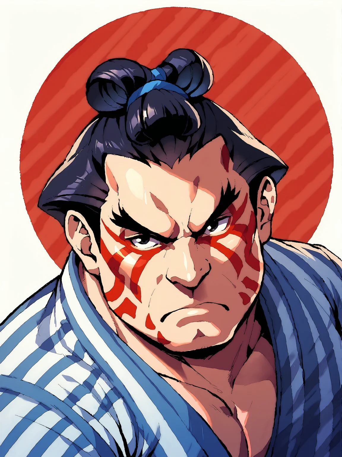 score_9, score_8up, score_7up, score_6up, score_5up, score_4up, abstract background, source_cartoon, rating_safe, BREAK
solo, mature male, 1boy, sf2ehonda, black hair, hair in bun, black eyes, red facepaint, fat, overweight, yukata, upper body focus, BREAK
 <lora:E._Honda__Edmond_Honda_-_Street_Fighter_-_PDXL:1>