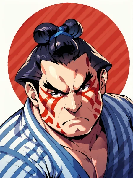 score_9, score_8up, score_7up, score_6up, score_5up, score_4up, abstract background, source_cartoon, rating_safe, BREAK
solo, mature male, 1boy, sf2ehonda, black hair, hair in bun, black eyes, red facepaint, fat, overweight, yukata, upper body focus, BREAK
<lora:E._Honda__Edmond_Honda_-_Street_Fighter_-_PDXL:1>