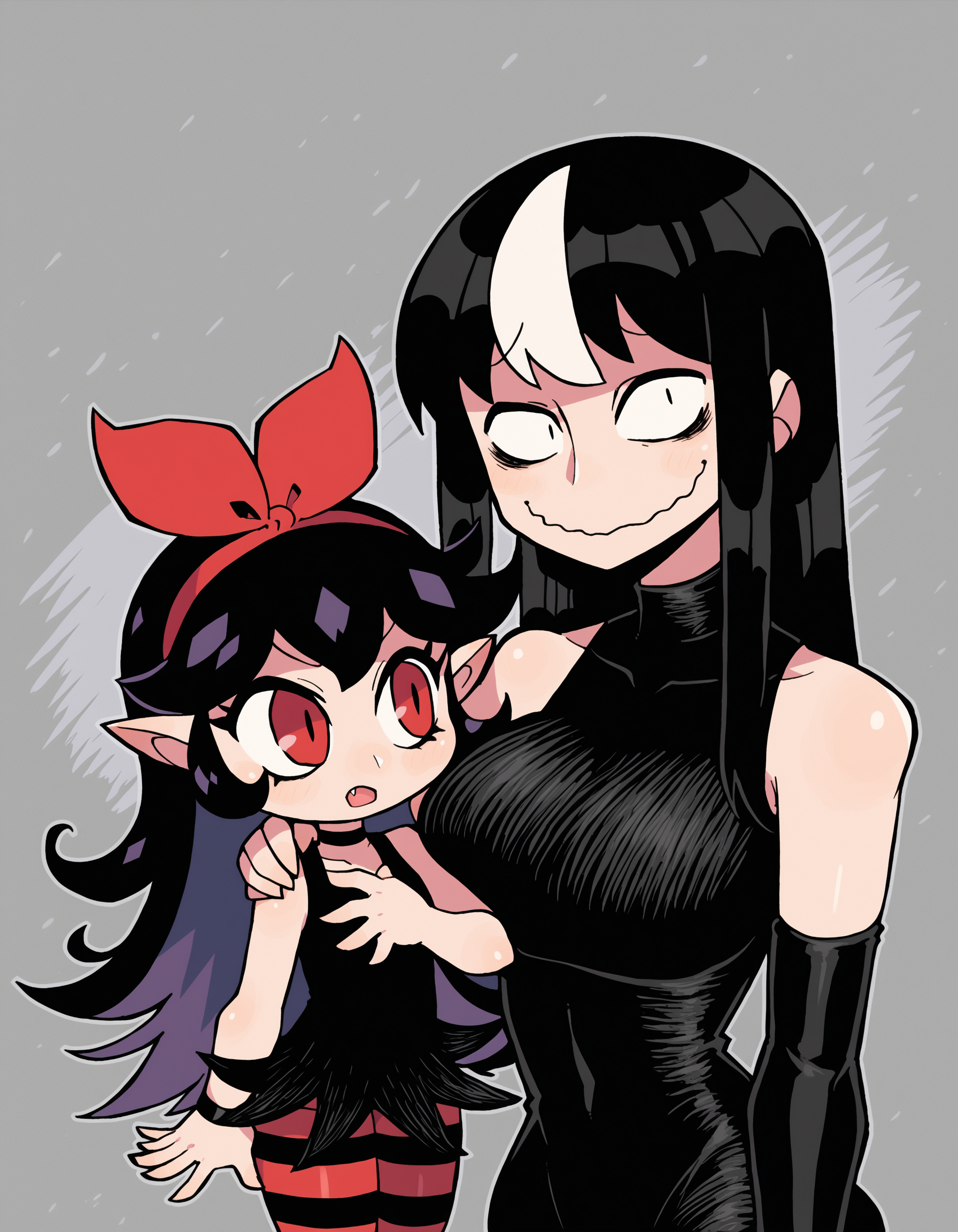 zPDXL, score_9, score_8_up, score_7_up, source_anime, 1girl, solo, <lora:rariatto_v1:0.8> rariatto, jaggy lines, 2girls, multiple girls,
2girls, multiple girls, long hair, black hair, red eyes, dress, bow, hair bow, pantyhose, hairband, choker, pointy ears, fang, striped clothes, black dress, red bow, wristband, colored inner hair, multicolored hair, red hairband, vampire, striped pantyhose, child, little girl,
2girls, multiple girls, long hair, breasts, looking at viewer, large breasts, black hair, gloves, dress, white hair, multicolored hair, black gloves, elbow gloves, fingerless gloves, black dress, streaked hair, wavy mouth, sharp fingernails, vampire, sanpaku,