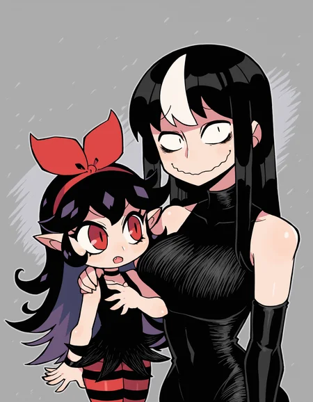 zPDXL, score_9, score_8_up, score_7_up, source_anime, 1girl, solo, <lora:rariatto_v1:0.8> rariatto, jaggy lines, 2girls, multiple girls,
2girls, multiple girls, long hair, black hair, red eyes, dress, bow, hair bow, pantyhose, hairband, choker, pointy ears, fang, striped clothes, black dress, red bow, wristband, colored inner hair, multicolored hair, red hairband, vampire, striped pantyhose, child, little girl,
2girls, multiple girls, long hair, breasts, looking at viewer, large breasts, black hair, gloves, dress, white hair, multicolored hair, black gloves, elbow gloves, fingerless gloves, black dress, streaked hair, wavy mouth, sharp fingernails, vampire, sanpaku,