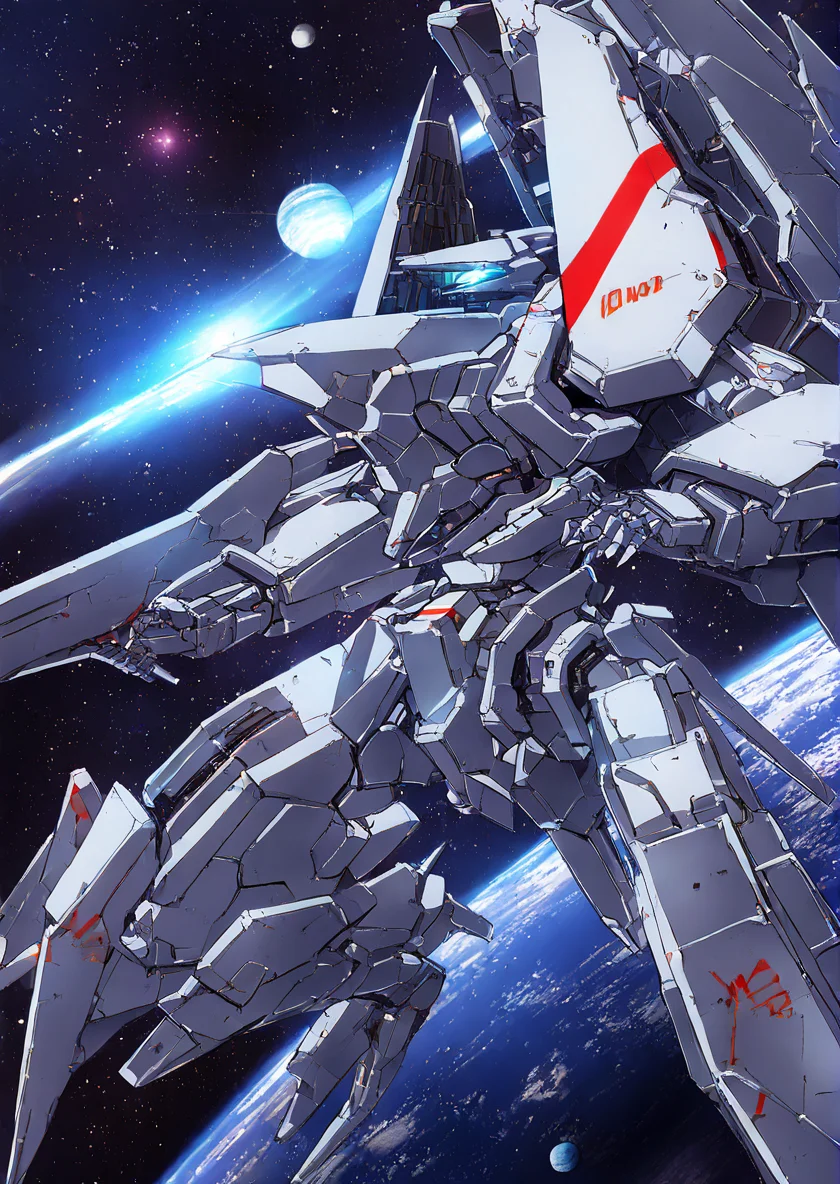mecha,science fiction,no humans,glowing,retro artstyle,space,star \(sky\),planet,earth \(planet\),space craft,starry sky,weapon,milky way,masterpiece, best quality, very aesthetic, absurdres,, <lora:sidonia morito-NAI:0.8>