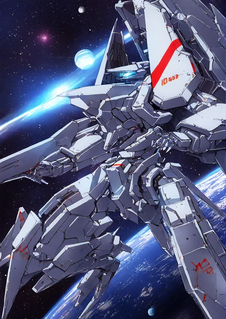 mecha,science fiction,no humans,glowing,retro artstyle,space,star \(sky\),planet,earth \(planet\),space craft,starry sky,weapon,milky way,masterpiece, best quality, very aesthetic, absurdres,,  <lora:sidonia morito-NAI:0.8>