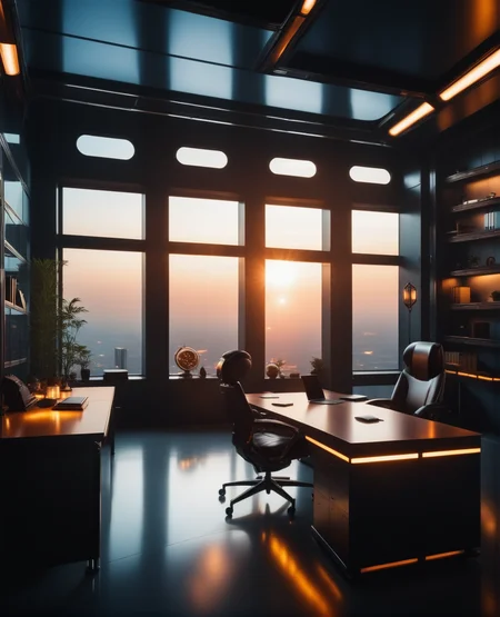 masterpiece, high quality, a reij-ebsu office room, retro sci fi steampunk sunrise  <lora:ebony sunset-000001:0.9>