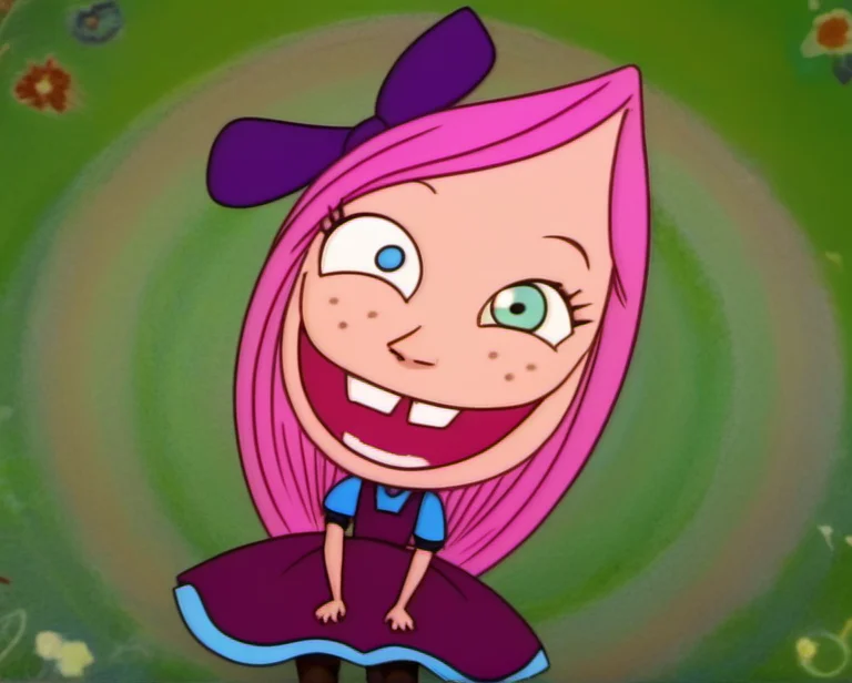 1girl, solo, raisin1, pink hair, dress, smile, heterochromia, long hair, open mouth, freckles, pantyhose, teeth, <lora:Raisin:1>,