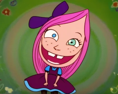 1girl, solo, raisin1, pink hair, dress, smile, heterochromia, long hair, open mouth, freckles, pantyhose, teeth, <lora:Raisin:1>,