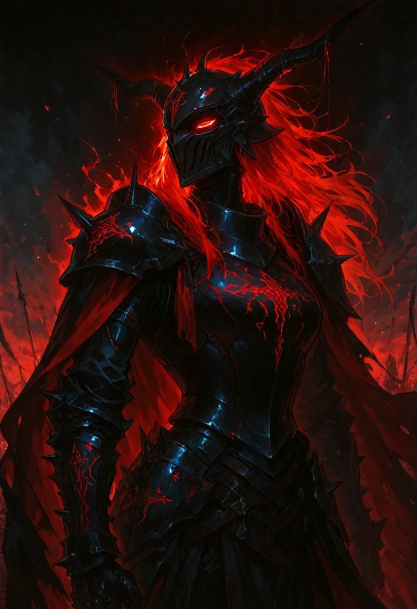 (masterpiece), (best quality), (ultra-detailed), amazing quality, very aesthetic, illustration, newest, upper body, colorful, vibrant, looking to the side, (oil painting:1.1), cinematic lighting, <lora:Avarice:1>, edgeofavarice, avarice, glowing red runes, dark fantasy,
1girl, solo, cape, owl_emblem_on_cape long sleeves, faulds, horned helmet, full_helmet, black and red armor, spiked armor, spiked gauntlets, spiked helmet, full_armor, full_plate_armor, horned_helmet, black_armor, spiked_shoulders, clawed_gauntlets, cursed_emblem, segmented_faulds, tattered_cape, aura_of_dread, intimidating_presence, hellish_glow, massive_blade, battlefield_setting, heavy_armor, red hair