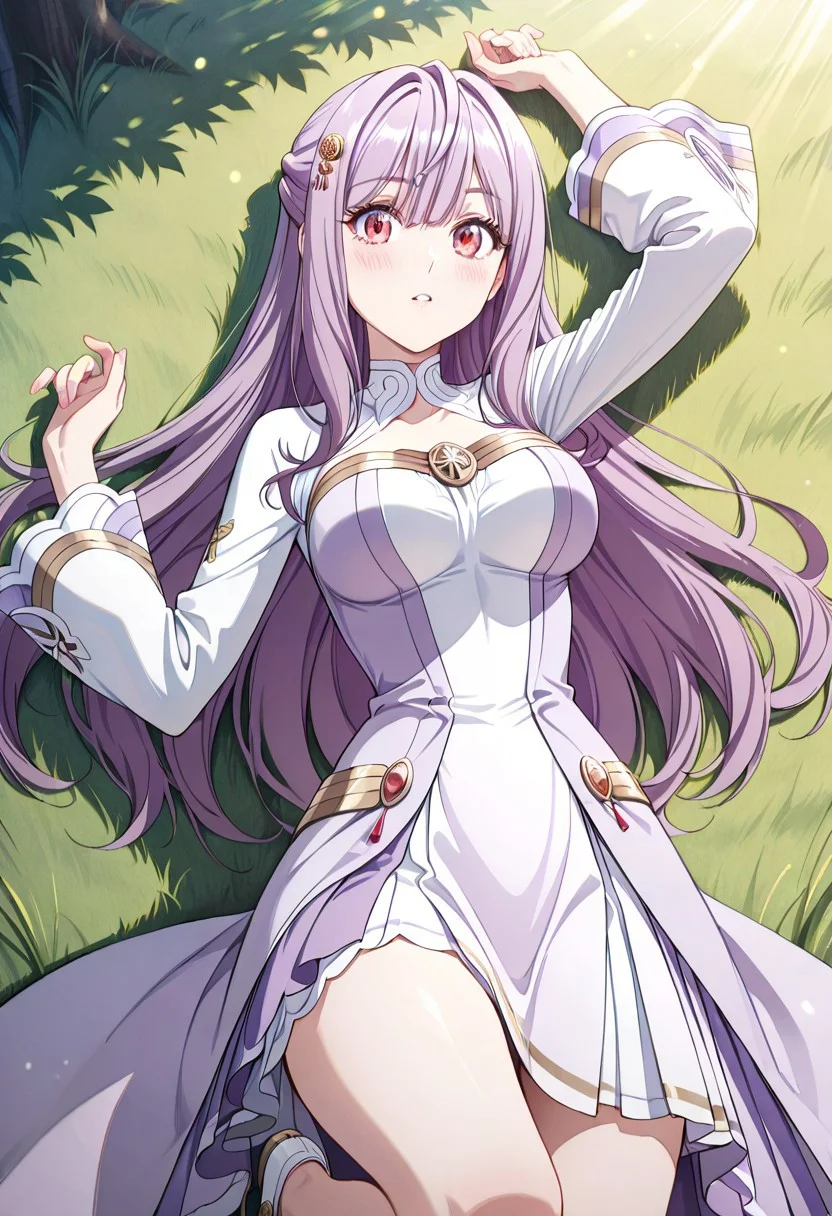 score_9, score_8_up, score_7_up, dynamic view, looking_at_viewer, 1girl,
masterpiece, best quality, bokeh, luminescent background,
( mia adenauer,,
purple hair, long hair, hair between eyes, bangs, hair ornameny, hair flower, red eyes, medium brests,
, dress, two-tone dress, purple dress, white dress, sidelocks, long sleeves, white shoes,, )
looking_at_viewer, 1girl, masterpiece, best quality, bokeh, luminescent background, girl, solo, arm up, blush, looking at viewer, lying, on back, parted lips, grass, sunlight,