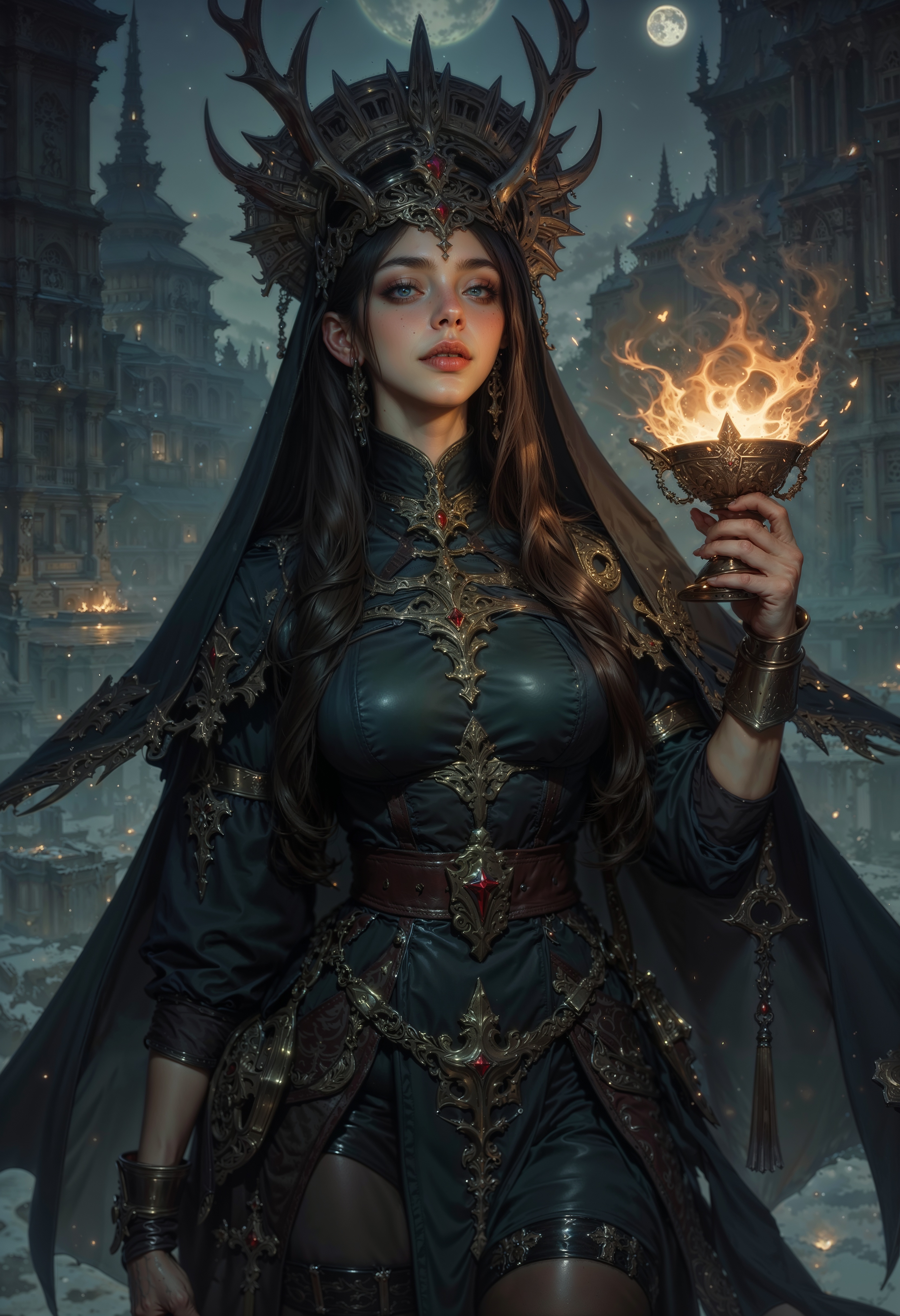 A seer of forgotten prophecies, the Ashen Oracle emerges from the ruins of an ancient temple, her dark robes drifting like smoke in the moonlit air. Her skin is ashen, kissed by the embers of time, and her irises burn with shifting visions of fate yet to unfold. A crown of blackened antlers adorns her head, each tip glowing faintly with arcane runes. In one hand, she holds a chalice of obsidian ichor, the liquid swirling with the whispers of lost deities. The air around her is thick with spectral moths, their wings inscribed with cryptic omens, fluttering in the twilight of her domain.