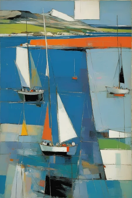 <lora:Raimonds Staprans Style:1>Raimonds Staprans Style - 102175. A painting by Richard Diebenkorn. A painting of sailing boats near the Ardnamurchan Peninsula highlights the rugged atmosphere and striking coastline of this Scottish headland through a captivating fusion of Cubist and Fauvist styles. The scene features a flotilla of sailboats effortlessly gliding through the windswept waters, dwarfed by the imposing lighthouse and dramatic cliffs of the Ardnamurchan Peninsula, depicted in fractured shapes and striking colors. The composition conveys a sense of daring and the untamed beauty of sailing in this remote location.