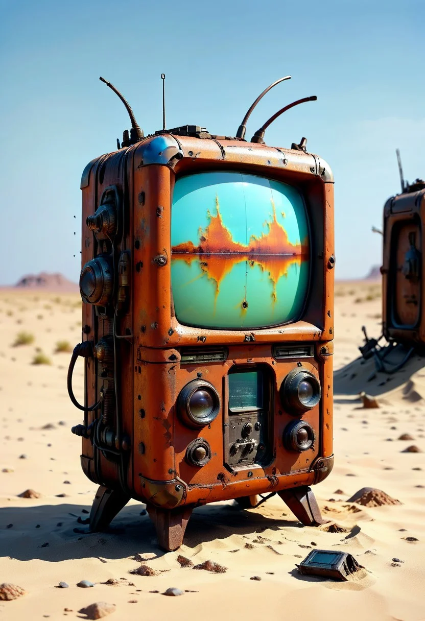 ultra high resolution, masterpiece, best quality, a sci-fi , desert, A (rusty) and (broken) retro TV set buried in the sand, in the style of hyper realistic photography. evi@decrepPunk, no human