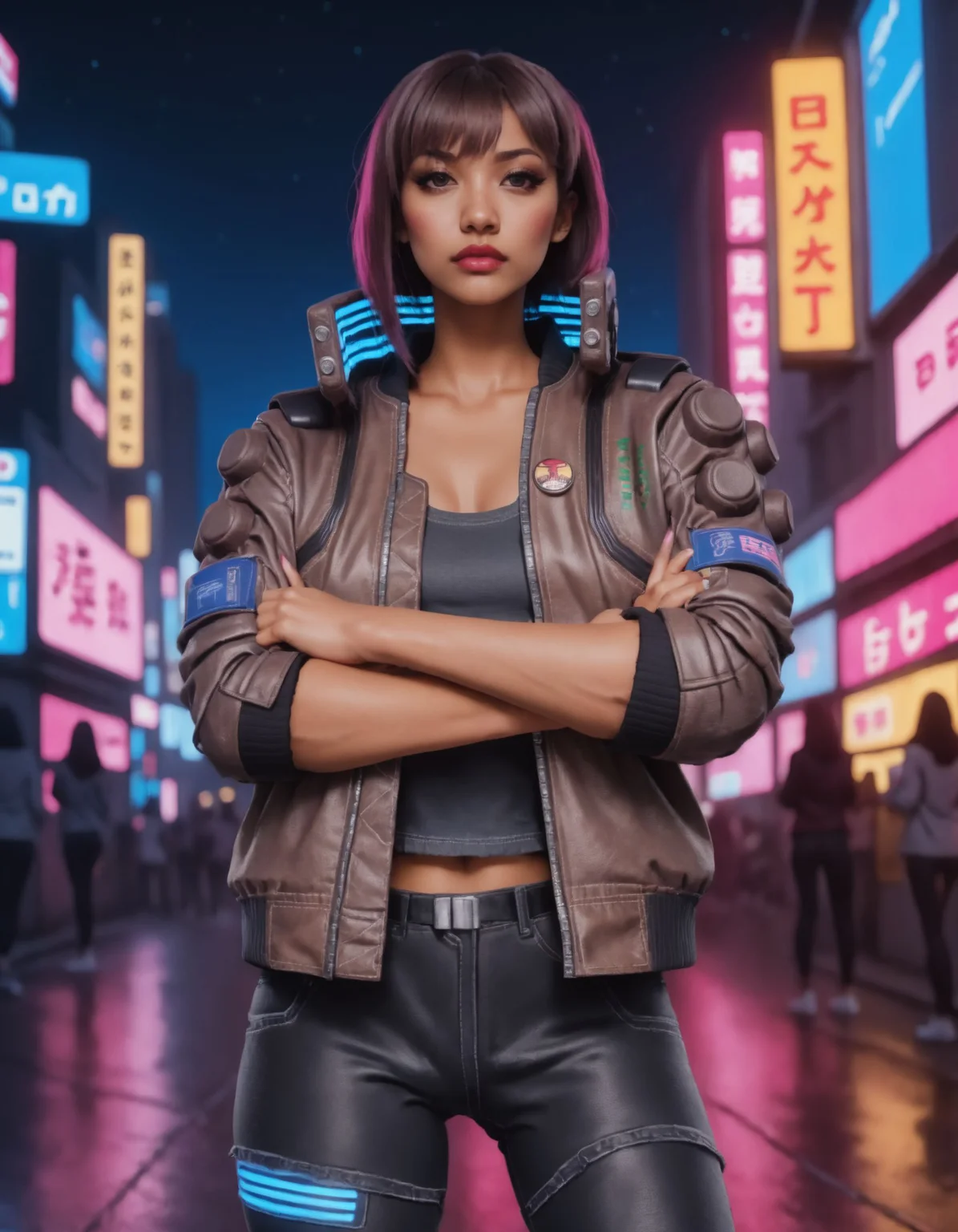 anime artwork a gorgeous fashion model, woman, crossed arms, wearing a brown cyberpunk Samurai jacket, pink lips, looking at viewer, black jeans, grey crop top, standing in a busy city street, black hair, sleeves up, night, night sky, large cityscape, neon signs, highly detailed, professional, 4k,  <lora:CyberpunkSamuraiJacketSDXL:0.75> . anime style, key visual, vibrant, studio anime,  highly detailed