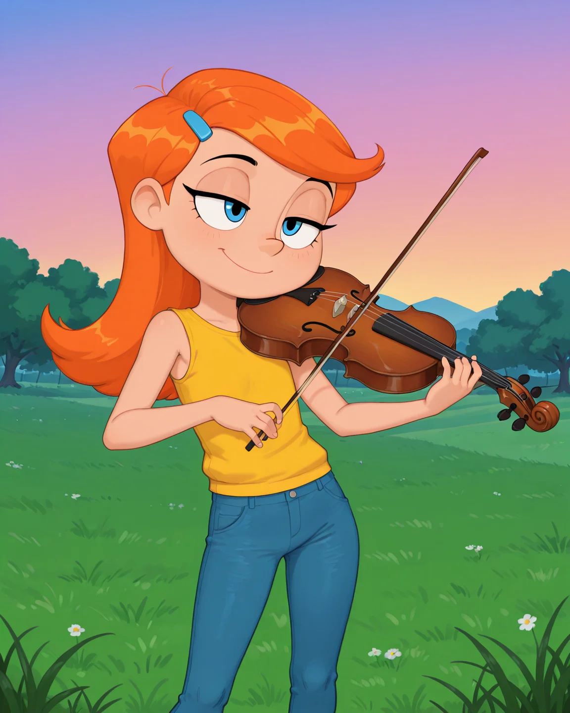 score_9, score_8_up, score_7_up, masterpiece, best quality, newest, absurdres, highres, amazing quality, colorful,
masterpiece, best quality, absurdres, newest, very aesthetic, amazing quality,highres,sensitive, absurdres, high resolution, ultra detailed, perfect details,
source_cartoon, toon (style), (cartoon:1.0), source_carton:1.1, rating:suggestive, dynamic sexy pose, seductive, sultry,
detailed,detailed eyes,perfect eyes,detailed,detailed hands,perfect hands,detailed,detailed legs,perfect hands, 1girl, solo,
<lora:Hoshime_Style_r2:0.6> , Hoshime_Style, petite,
<lora:Riley_Daring:0.8> , Riley_Daring, holding violin, grass, holding instrument, blue pants, smile, orange hair, sleeveless shirt, bow (music), playing instrument, blue eyes, closed mouth, standing, outdoors, yellow shirt, hairclip,