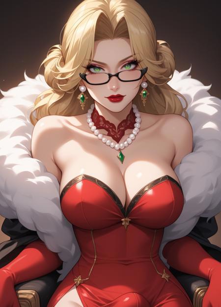 manhwastyle, 1girl, breasts, gloves, solo, jewelry, large breasts, cleavage, (black glasses:1.15), side slit, blonde hair, single hair bun, red gloves, earrings, elbow gloves, bare shoulders, looking at viewer, green eyes, black-framed eyewear, pearl necklace, lipstick, strapless, red strapless dress, makeup, (white fluffy boa:1.5), futanari bulge, large bulge <lora:Female_ManhwaStylev2:1>, <lora:Penis Bulge Slider_alpha1.0_rank4_noxattn_last:3>