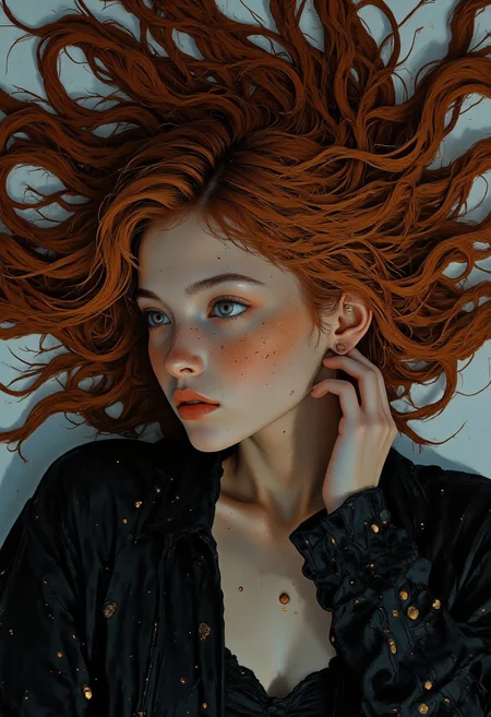 A striking portrait of a woman lying on a flat surface, her fair, freckled skin radiating a soft, natural glow reminiscent of Irish heritage. Her deep, teal eyes gaze softly at the viewer, holding a blend of quiet melancholy and subtle strength. Long, wavy strands of her rich, auburn hair fan out around her head, cascading in all directions like waves of the sea, creating a dynamic frame that enhances the composition. The hair catches the light, revealing subtle golden highlights that add depth and texture. She wears a black leather jacket over a white shirt and dark top, the contrast emphasizing her porcelain complexion. One hand gently rests against her hair, fingers splayed in an elegant gesture, while the other hand lies closer to her face, adding a touch of intimacy to the pose. The overall atmosphere of the image is one of quiet power and ethereal beauty, capturing a moment suspended in time where the subjectâs soft, slightly sorrowful expression and the movement of her hair evoke the essence of a stormy yet serene sea. Her palm is facing up. 