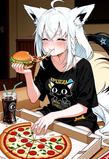 masterpiece, best quality, absurdres, very aesthetic, D3ND3N, nejima kitsune \(shirakami fubuki\), shirakami fubuki, shirakami fubuki \(loungewear\), 1girl, ahoge, animal ear fluff, animal ears, black shirt, blush, burger, cheese trail, closed eyes, crying, drinking straw, eating, food, fox ears, fox girl, fox tail, hair between eyes, holding, holding food, holding pizza, indoors, long hair, pizza, pizza box, shirt, sitting, soda, solo, tail, virtual youtuber, white hair
