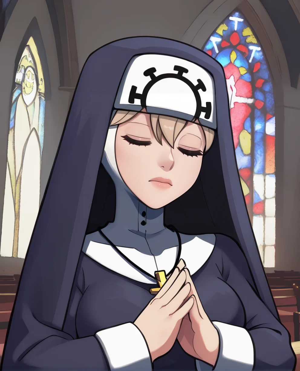 Double,closed eyes,
standing,upper body,
own hands together,
blue habit,cross necklace,long sleeves,nun,
church,<lora:Double:0.8>,