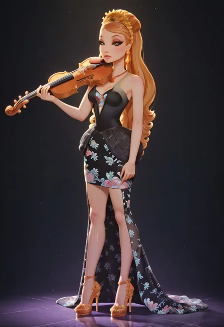 score_9, score_8_up, score_7_up BREAK  shiny skin,  nsfw,  high quality, masterpiece
easynegative, 1girl, solo,
ashlynn ella, ever after high, orange-blonde hair, flower petal tiara, green eyes, orange shoe earrings, orange necklace, black dress, long dress, cleavage, medium breasts, head down, lidded eyes, glass heels, cyan heels, crystal heels,
passion, irl, realistic style, black background, 
sexy pose, sexy, sultry pose, 
holding a violin, violin, instrument,