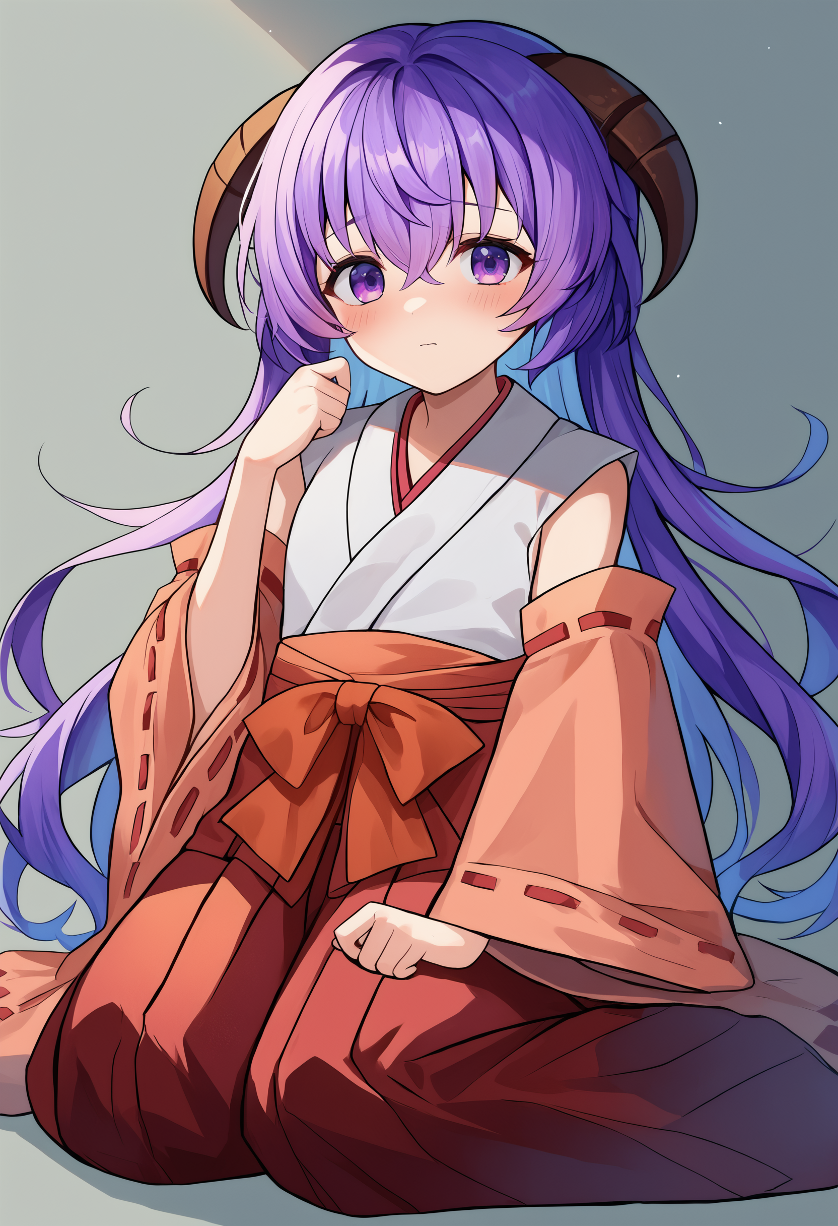 score_9, score_8_up, score_7_up, source_anime, Hanyuu, japanese clothes, long hair, 1girl, detached sleeves, horns, solo, purple hair, hakama, hakama skirt, red hakama, miko, skirt, purple eyes, hair between eyes, ribbon-trimmed sleeves, blush, kimono, wide sleeves , long sleeves, ribbon trim, bangs, shiny hair, sitting, blushing <lora:Hanyuupony-000003:1>, gray background
